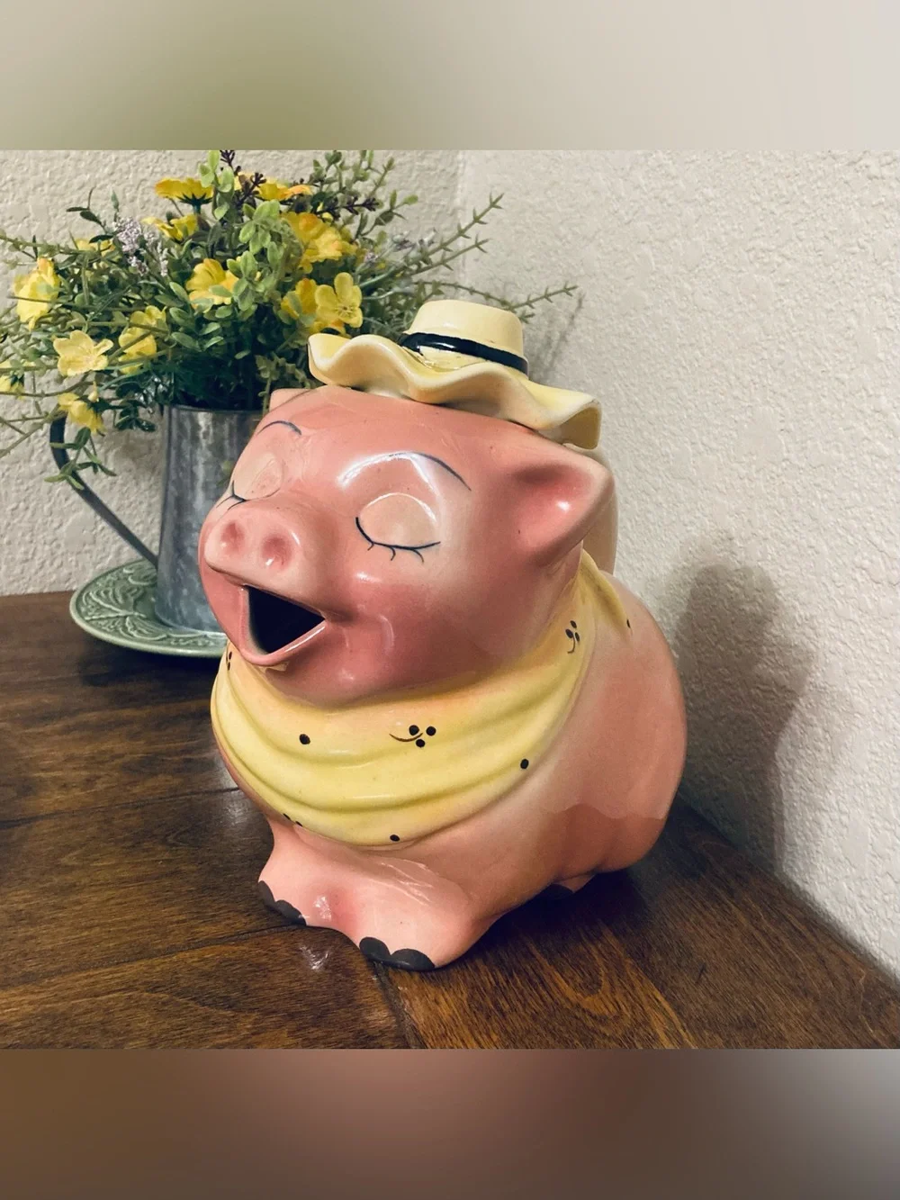 Adorable Vintage Mcm 50s Ceramic Kitschy Pig in Hat with Scarf Pitcher